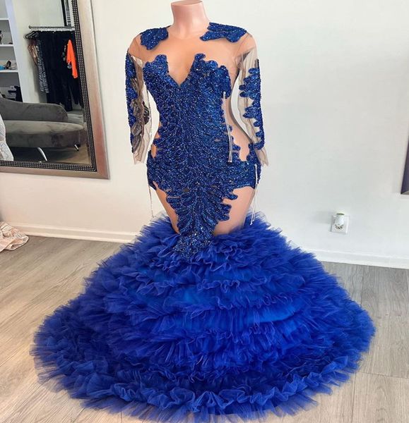 

2023 arabic aso ebi royal blue prom dress mermaid lace beaded evening formal party second reception birthday engagement gowns dresses robe d, Black