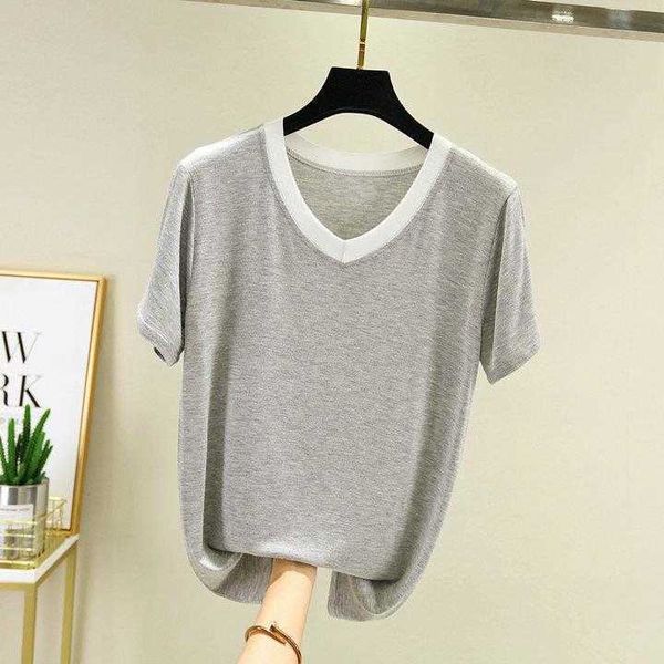 

summer korean shirt style modal contrast color white edge v neck slimming short