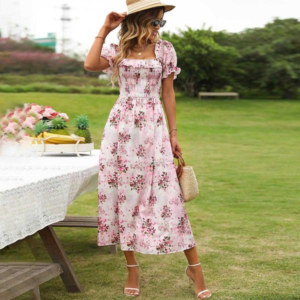 

womens dress summer retro square collar floral skirt french mid length, Black;gray