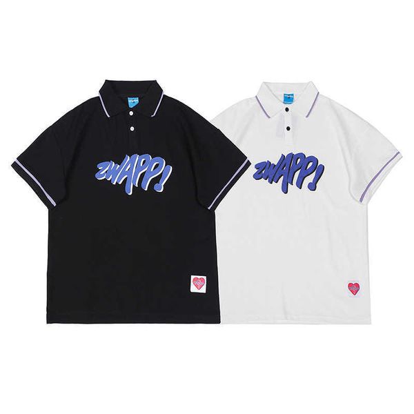 

summer simple print half sleeve polo shirt men's fashion brand street loose casual versatile short sleeve t-shirt, Black;white