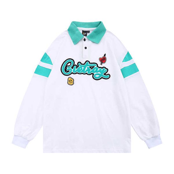 

autumn and winter new color contrast flocking letter polo sweater men's harajuku bf style student couple lapel long sleeve, Black;white