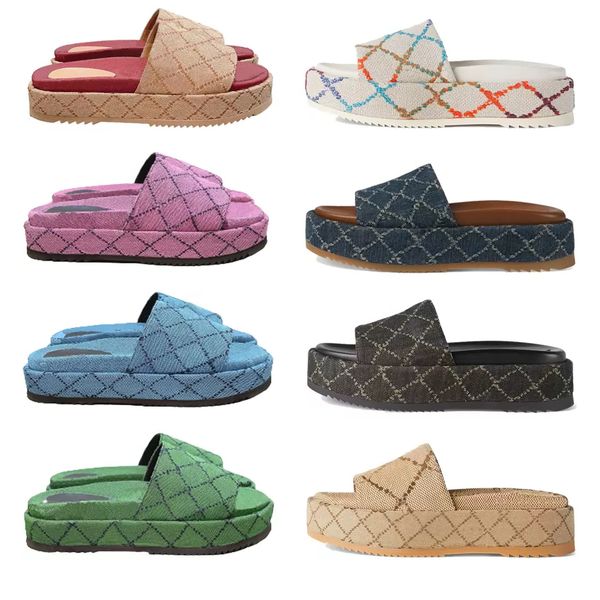 

2023 slipper womens fashion embroidered canvas designer slides slip on slippers girls 60mm canvas covered platform sandals and dust bags big, Black