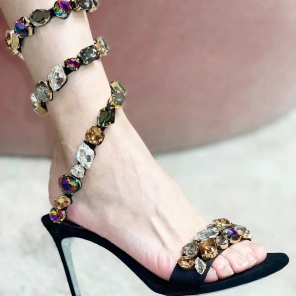 

rene caovilla rhinestones crystal wraparound sandals slides slippers stiletto heels shoes for women's luxury leather outsole evening dr, Black