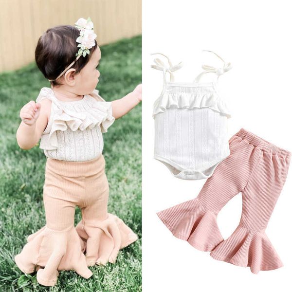 

focusnorm 2pcs 0-3y baby girls lovely clothes sets ruffles sleeveless lace up romper vestwithsolid high waist flare pants p230331, White