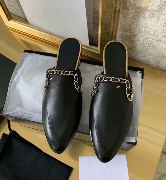 

fashion women039s comfortable sandals ladies leather slippers metal chain loafers shoes female casual sandal c229543933010, Black