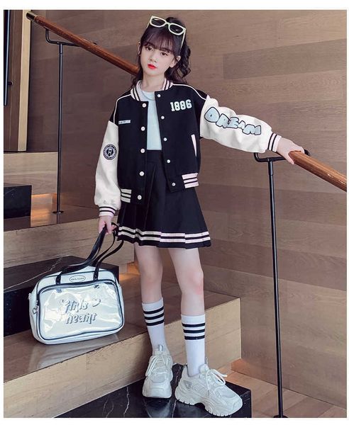 

2023 spring autumn girls teenager patchwork zipper striped coats jacket with baseball clothes short skirt 5 6 7 8 9 10 11 year p230331, White