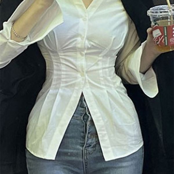 

women s t shirt rapcopter y2k button crop ruched full sleeve t shirt turn down collar retro elegant cardigan corset tee korean 230330, White