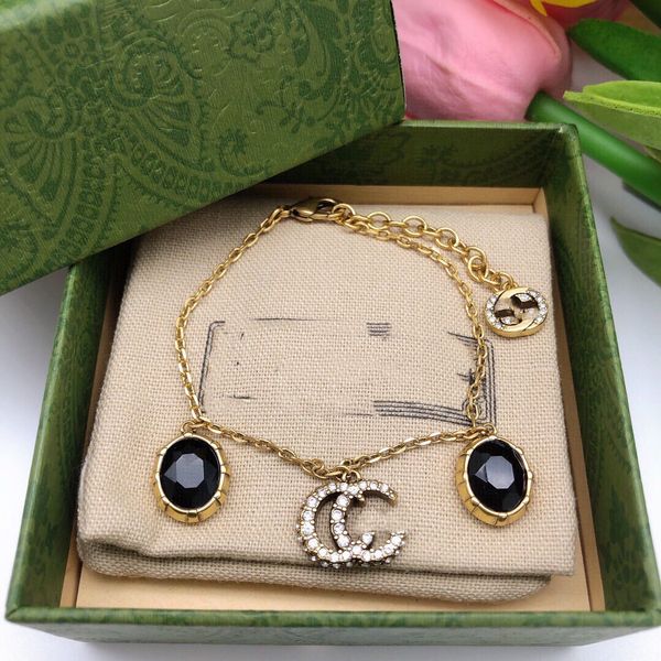 

designer charm bracelets letter double g logo chains bracelet luxury women fashion jewelry metal ggity crystal pearl chain bracelet gift fxd, Black