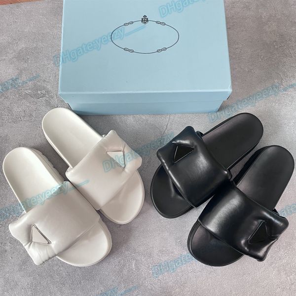 

designer women slipper soft padded nappa leather luxury slides metal triangle men sandal lug tread rubber sole thick platform shoe confort f, Black