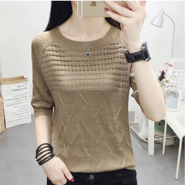 

women's t-shirt camisetas de mujer summer knitted t-shirt women's hollow short sleeve t-shirt women's thin o-neck women', White