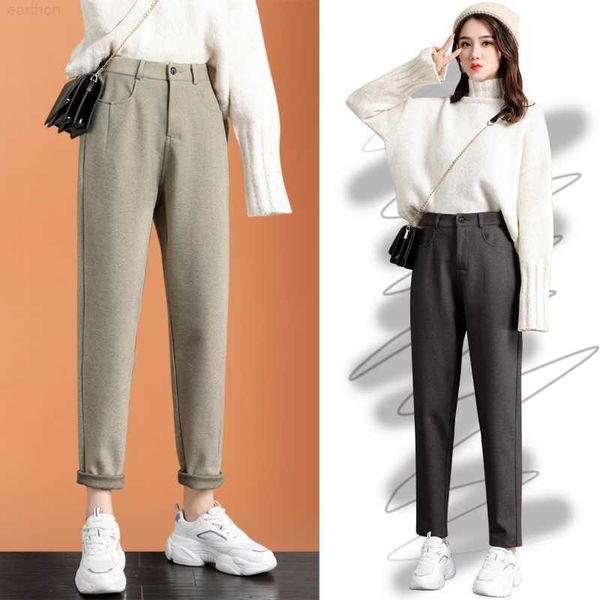 

new fashion korean woolen harlan loose daddy pants women's 2023 autumn and winter leisure high waist nine point radish trousers, Black;white