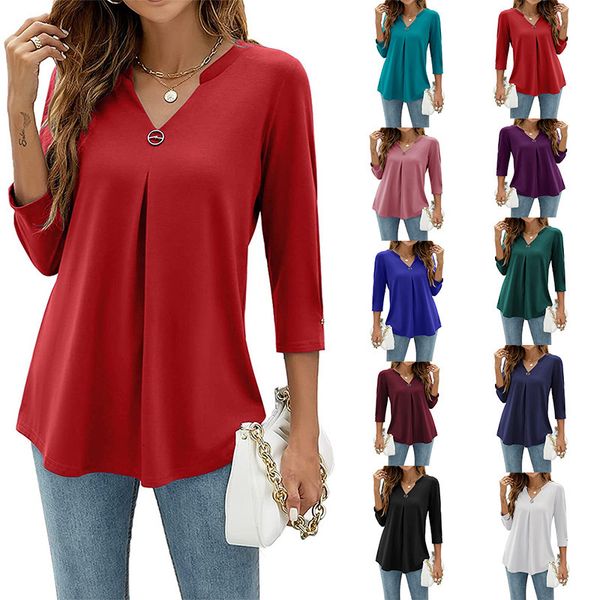 

women's t-shirt fall/winter clothing 3/4 sleeve v neck studded pleated solid color loose casual pullover fashion shirts 230331, White