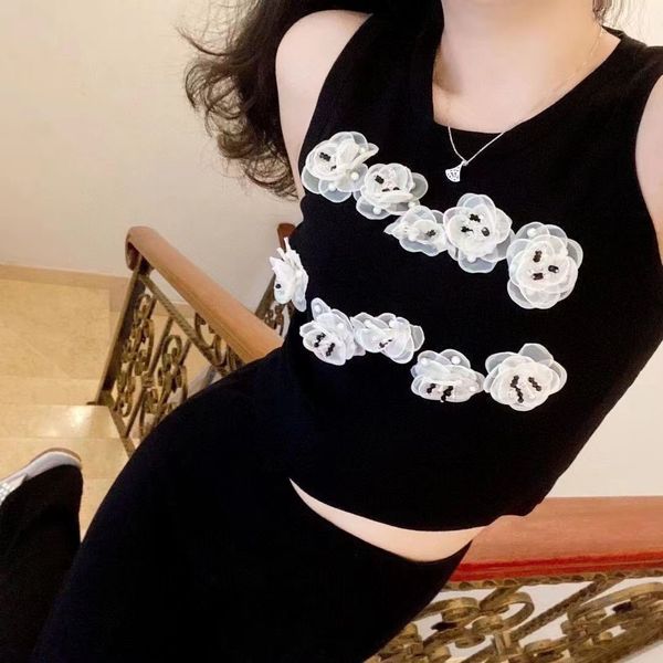 

women's knits & tees designer new fashion channel womens knits wear sleeveless short style flower inside take slim temperament sleevele, White