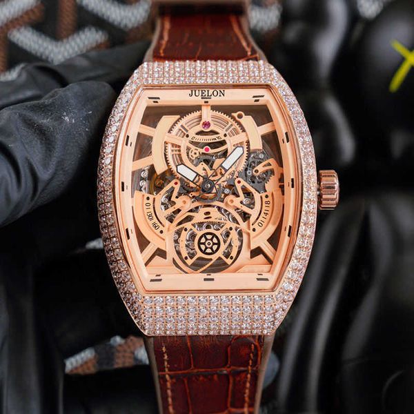 

watch milles new fm full sky star men's fashionable personality barrel shaped diamond inlaid large dial fully automatic mechanical man, Slivery;black