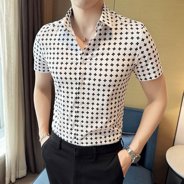 

men's casual shirts plus size 4xl- summer short sleeve men's printed shirt simple business casual slim fit shirt men's wear, White;black