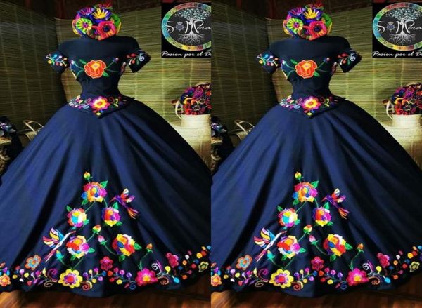 

2022 fashion charro mexico quinceanera dresses navy blue embroidered off the shoulder satin corset back sweet 15 girls prom dress 1225384, Blue;red