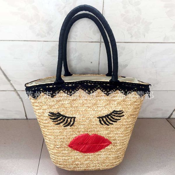 

beach bags bohemian designer bags straw woven bag woven square bag leisure holiday lovely red lip one shoulder women's bag 230318
