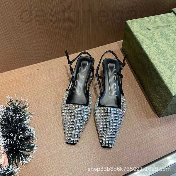 

sandals designer spring/summer 2023 new water diamond square head slim heel cat shallow mouth single shoes women's slotted bow middle t, Black