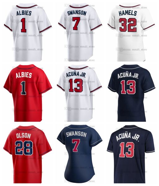

2023 white baseball jersey ronald acuna jr. 13 ozzie albies 1 max fried 54 morton 50 a.j. minter 33 jimenez 77 mchugh 32 murphy 12 olson 28, Blue;black
