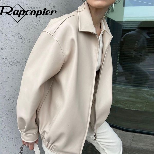 

women's leather faux rapcopter solid loose jackets zipper elegant turn down collar coat pockets ruched women autumn winter outerwear ca, Black