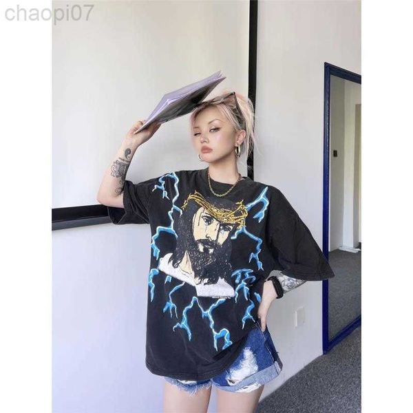 

designer fashion t shirt kanyes lightning printed washable old short sleeve high street loose casual men's and women's tee, White;black