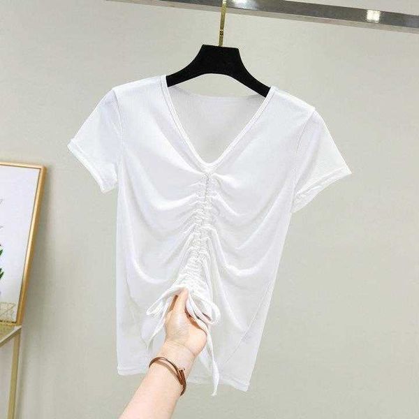 

large size thread modal mask t shirt womens short sleeve v neck drawstring, White