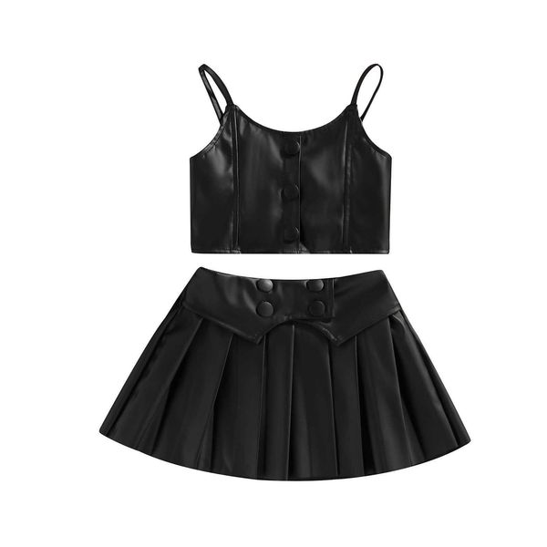 

toddler kids girls 2pcs solid color clothes outfits sleeveless leather tank with pleated short skirt summer children set p230331, White