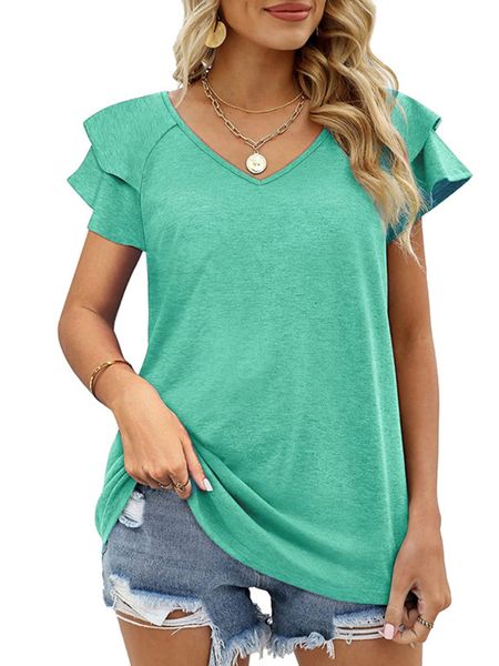 

women's t-shirt women's ruffled short sleeve solid v-neck t-shirt casual loose summer 230331, White