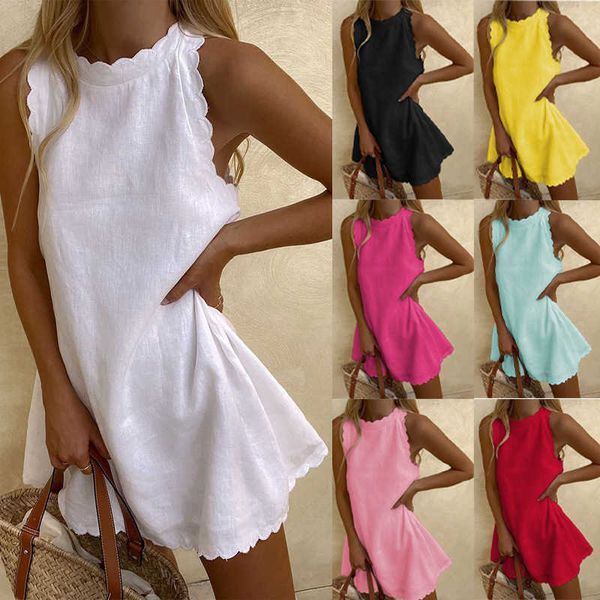 

2023 new womens casual dresses cotton linen solid color sleeveless vest summer dress embroidered ruffled skirt, Black;gray