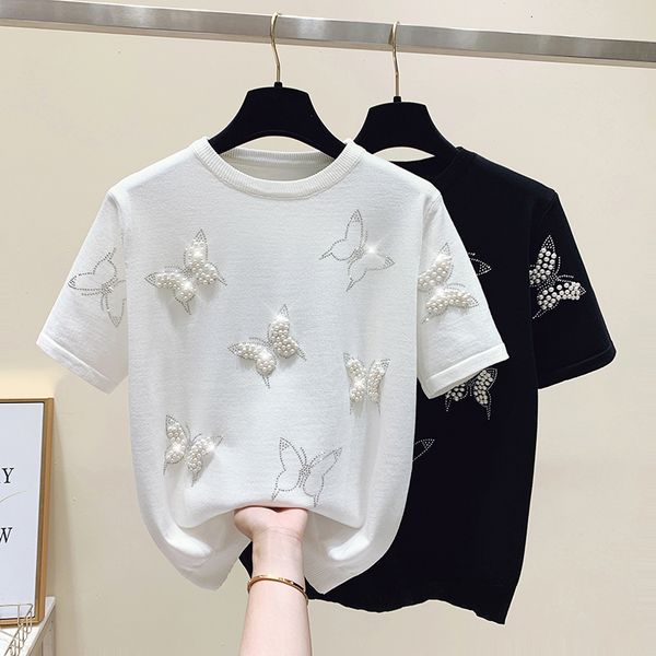 

women's t-shirt black and white butterfly stud short sleeve summer style fashion vintage women's wear 230331