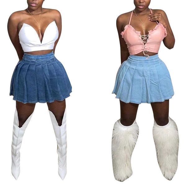 

pleated mini denim skirt for women ladies fashion fair maiden short elastic high waist soild color pleat jean, Black