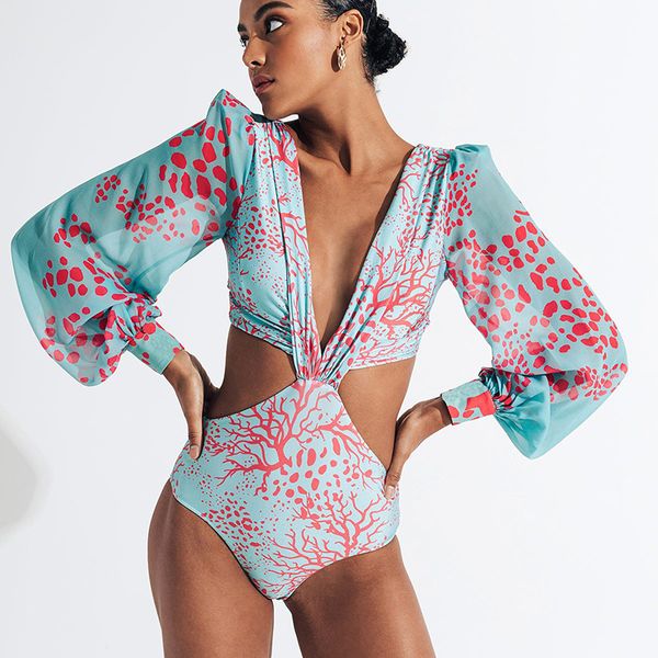 

long sleeve swimwear hollow swimsuit womens printed bathing suit fashion jumpsuits v neck swimming wear, White;black