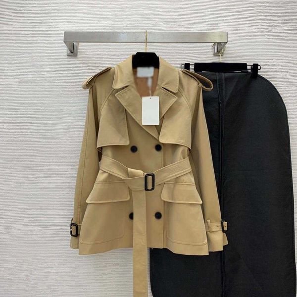 

women designer long trench coat double-breasted lapel long-sleeved large pocket work clothes short small windbreaker coat logo brand desig c, Tan;black