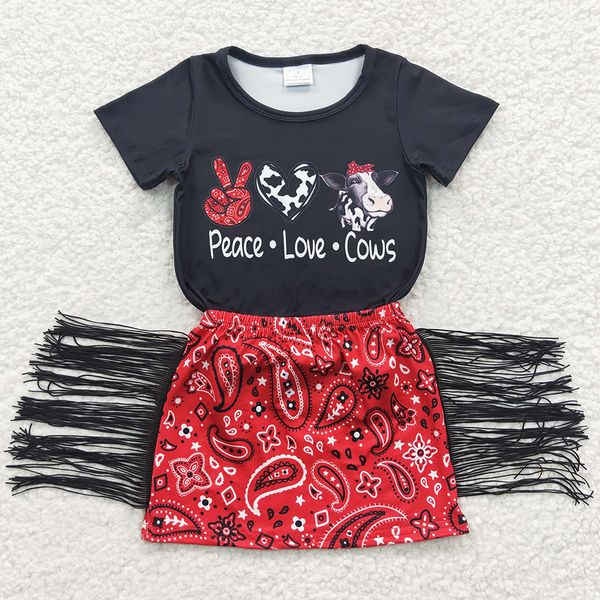 

new fashion baby girls clothes set peace love cows tassel skirts outfits summer kids girls clothing short sleeve boutique outfits, White