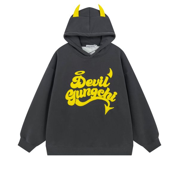 

streetwear imp letter hooded sweatshirt men women's autumn winter american retro niche fleece hoody unique horn jacket, Black