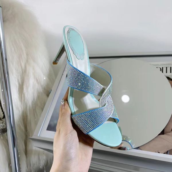 

rene caovilla rhinestone slippers cross knitted gradient thin high heel open toe sandals summer women luxury designer banquet shoes .5cm 9, Black