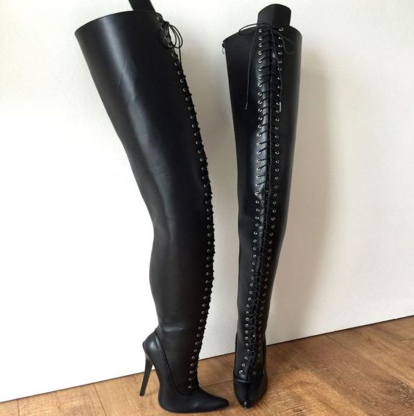 

fetish lace up crotch flex matt pu thigh high heel boots women over the knee ponted toe thigh high boots plus size 44 45463743420, Black