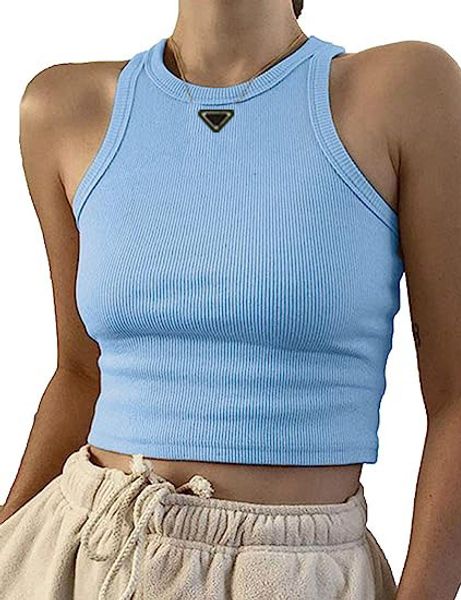 

summer white women t-shirt tees crop embroidery shoulder black tank casual sleeveless backless shirts luxury designer solid color vest dz