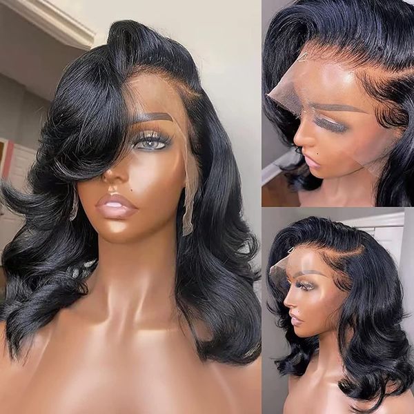 

loose body wave frontal short bob wig 13x6 natural loose wave lace front glueless wigs brazilian human hair pre plucked bleached knots wigs, Black