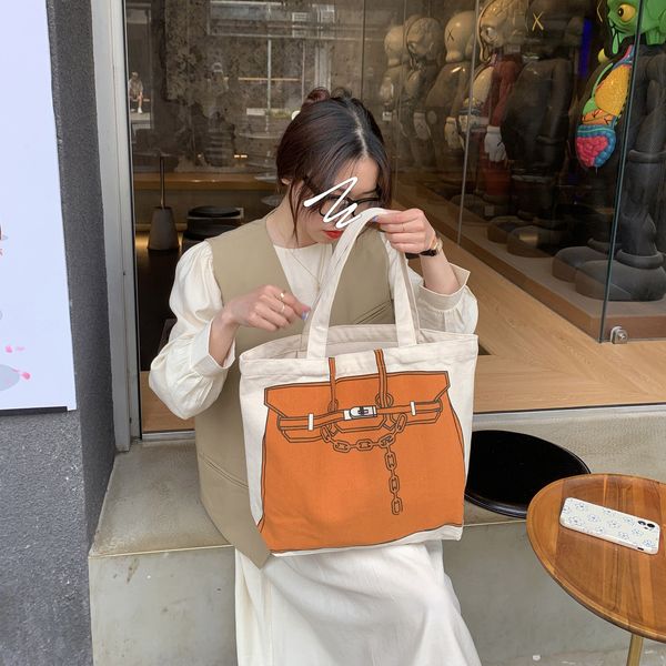 

shopping bags koeran ins canvas chain print beige shoulder large tote cotton handbag for women ladies 230331
