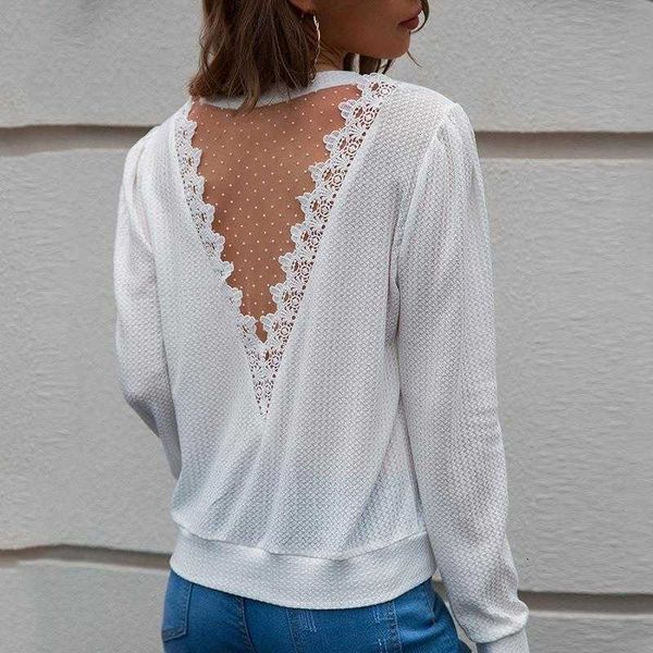 

fall round neck lace shirt womens stitching casual backless white long