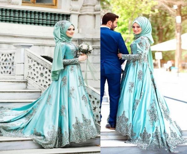 

2019 saudi arabic mint sage muslim prom dresses with long sleeves aline beaded high collar satin appliqued evening dresses sweep 6010692, Black;red