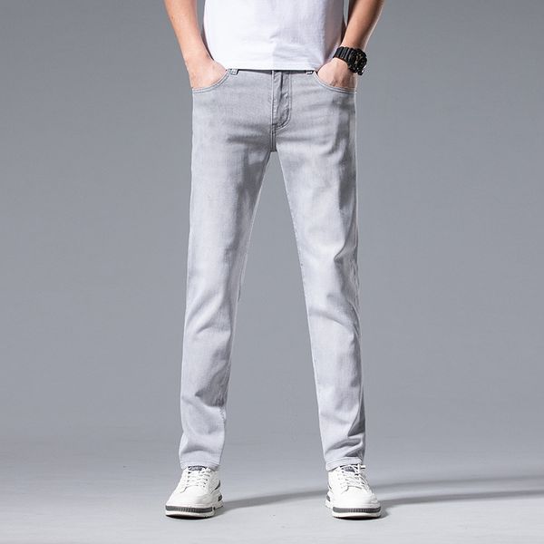 

men's jeans small feet elastic slim fit cross border european brand retro grey white pants spring and summer, Blue