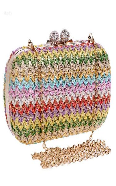 

women straw evening bag multicolor woven clutch crossbody rhinestone lock wallet purse for wedding party bridal new4728375