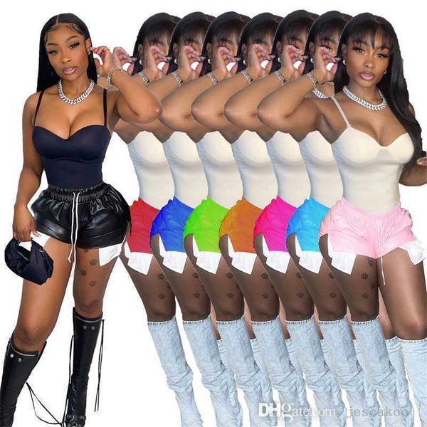 

2023 designer clothing women pu shorts new slim lace up deep pocket contrast split leather short pants clubwear, White;black