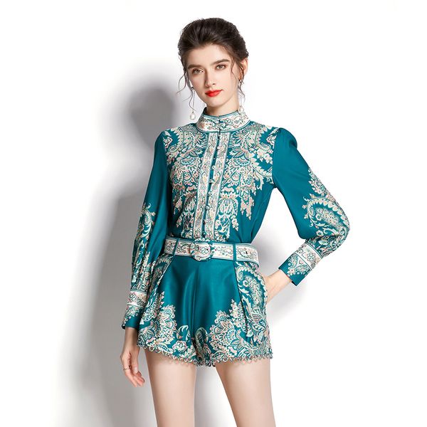 

summer designer short pants women outfits green two piece sets 2023 print shirt and shorts retro floral vacation outfit long sleeve office l, White