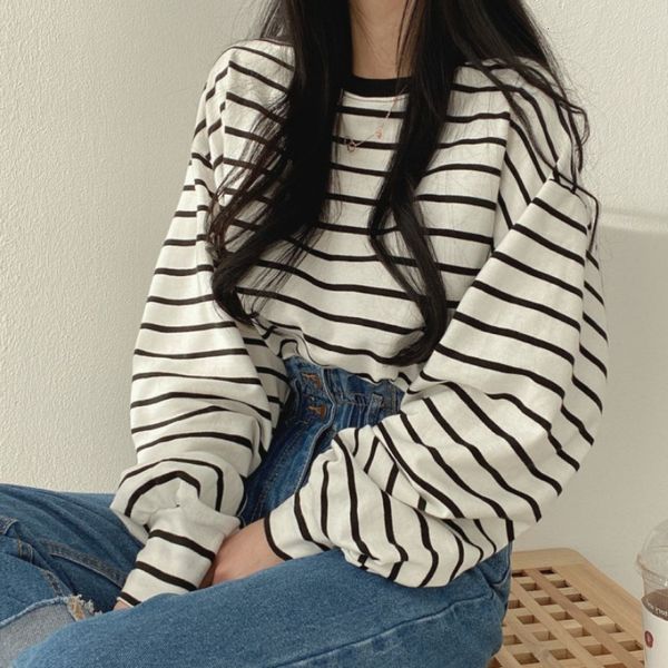 

women's t-shirt ledp striped t-shirt spring and autumn thin street loose long-sleeved fashion elegant retro bottoming shirt 230331, White