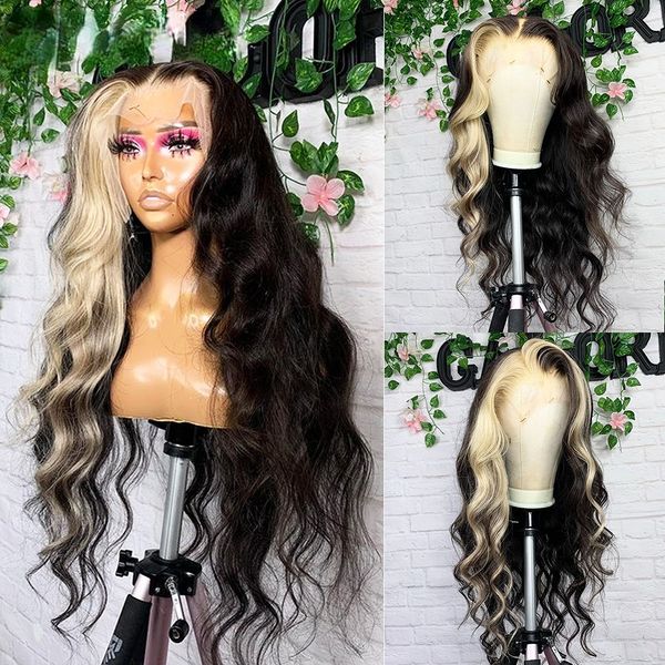 

Platinum Blonde Highlight Lace Front Human Hair Wigs Body Wave Colored Wig Loose Deep Wave Transparent Synthetic Lace Frontal Wig, Lace front wig