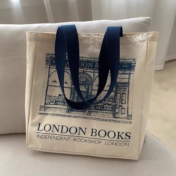 

shopping bag canvas shoulder london books print ladies casual handbag tote reusable large capacity cotton beach 230331