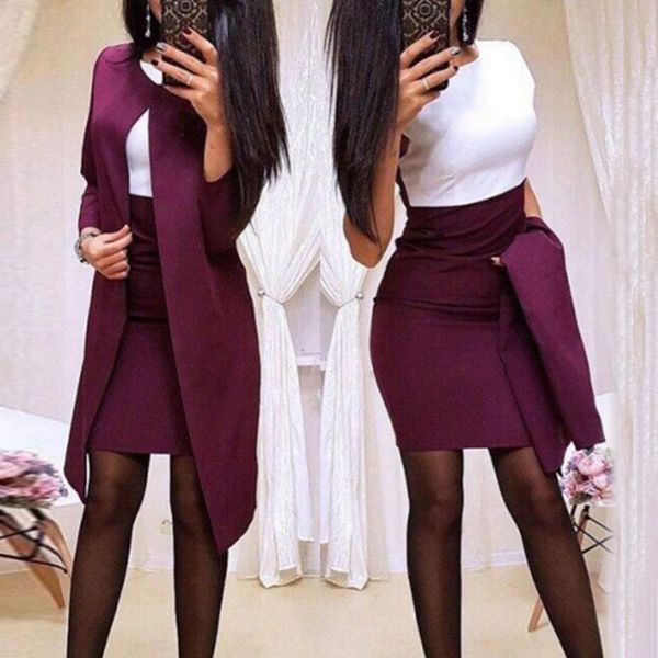 

two piece dres suit office lady b skirt spring long blazer jacket bodycon mini ensemble femme 230331, White